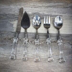 Bellamo 5pc Clear Lucite Handle Serving Set Hostess Fork Spoon Utensils MCM II